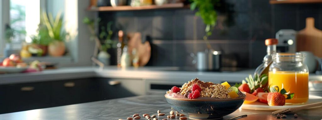 a beautifully arranged breakfast table showcases a variety of vibrant smoothie bowls and overnight oats, all prominently featuring rich, dark cacao powder, set against a modern urban kitchen backdrop filled with sleek appliances and warm, inviting lighting.