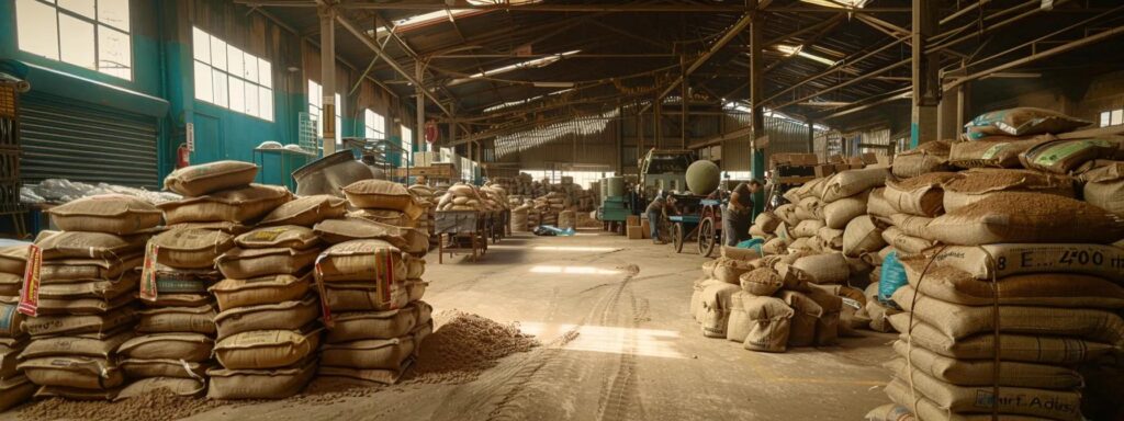 a bustling warehouse filled with neatly stacked burlap sacks of cocoa powder, showcasing large banners highlighting bulk purchasing options and a busy team of importers assessing quality and pricing amidst a backdrop of industrial shelving and logistics equipment.