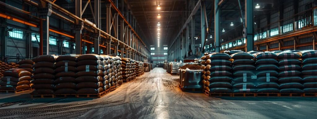 a bustling warehouse interior showcases an array of large, neatly stacked bulk containers labeled with rich cocoa powder, illuminated by bright overhead lights that highlight the deep brown hues of the product, conveying a sense of abundance and quality.