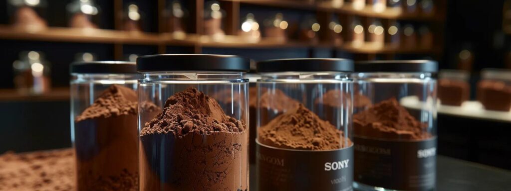 a close-up view of an elegantly arranged display of high-quality cocoa powder samples in sleek glass jars, set against a polished dark wooden countertop in a modern office setting, highlighting the rich colors and textures that signify their premium grade.