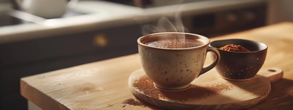 a cozy, modern kitchen setting features a steaming cup of rich, dark cacao-infused hot chocolate beside a stylish ceramic bowl of cacao powder, emphasizing the warm, inviting atmosphere perfect for savoring comforting beverages.