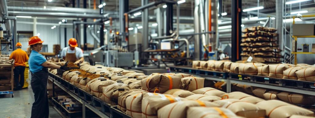 a dynamic indoor scene showcasing a bustling food manufacturing facility, where workers are efficiently packaging large bags of rich cocoa powder, emphasizing the advantages of wholesale procurement amidst a backdrop of industrial equipment and organized supply shelves.