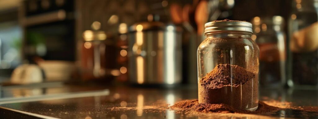 a luxurious, richly textured backdrop showcases a finely crafted glass jar overflowing with high-quality cocoa powder, elegantly illuminated by soft, focused lighting against a sleek, modern kitchen countertop.