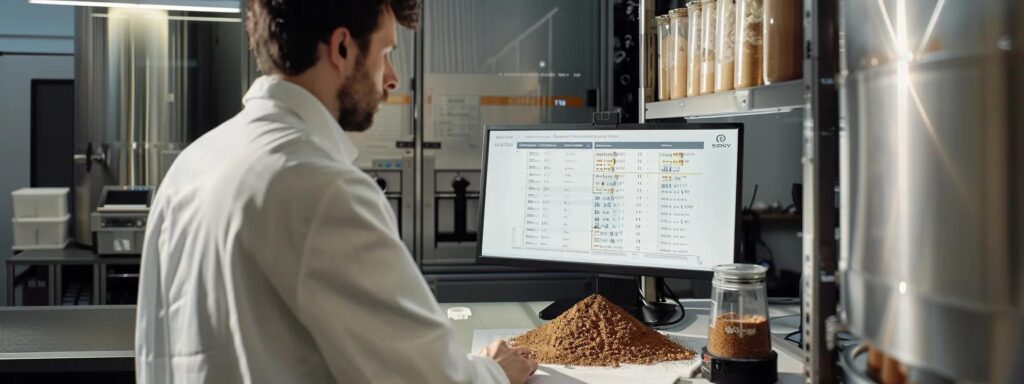 a modern office setting features a focused professional examining detailed supplier documents and a computer screen displaying a list of reputable cocoa powder vendors, illuminated by sleek overhead lighting to emphasize the importance of quality assurance in sourcing.