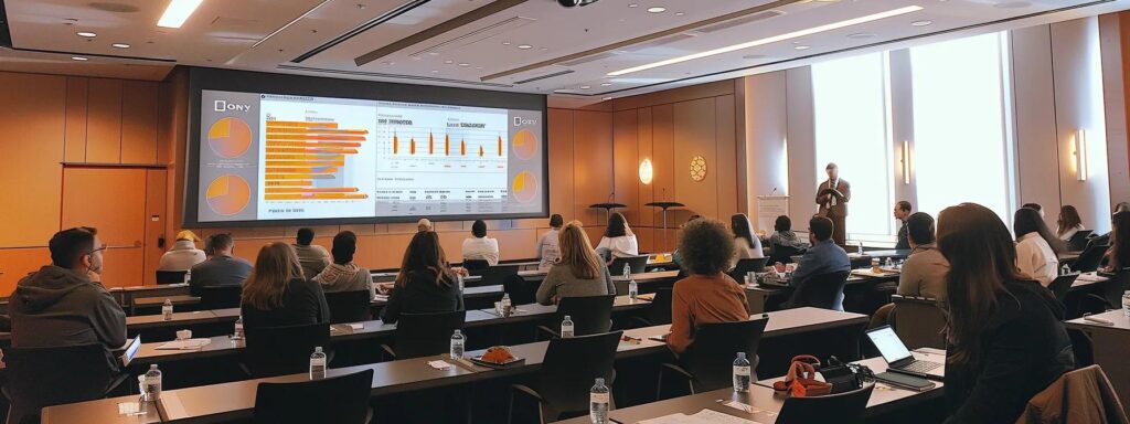a professional conference room features a sleek presentation screen displaying a detailed infographic of cocoa powder pricing structures, with a diverse group of engaged participants analyzing charts and graphs that illustrate market trends and cost factors.