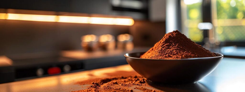 a rich, textured close-up of a sleek, modern kitchen countertop adorned with a vibrant bowl of alkalized cocoa powder, illuminated by warm, inviting overhead lights that highlight its deep, dark hue.
