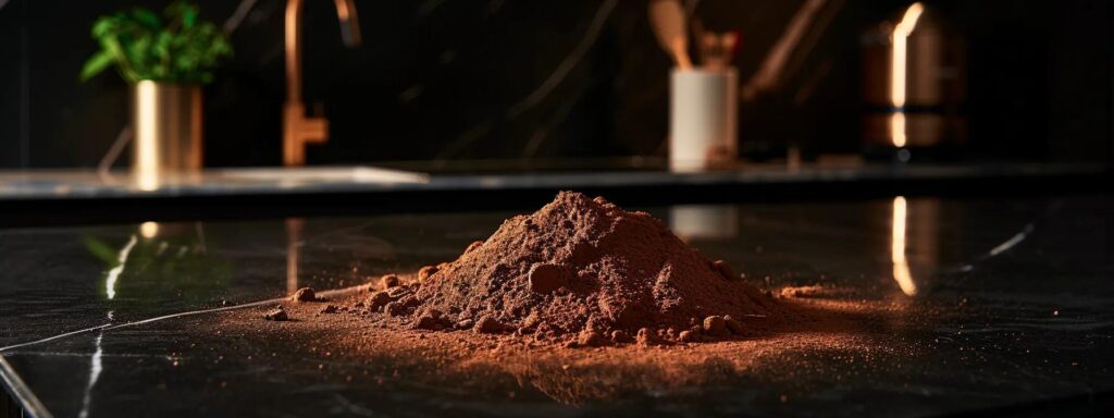 a rich, vibrant pile of pure cacao powder sits elegantly on a sleek black marble countertop, illuminated by soft spotlighting that enhances its deep brown tones, evoking a sense of luxury and indulgence in a modern culinary setting.
