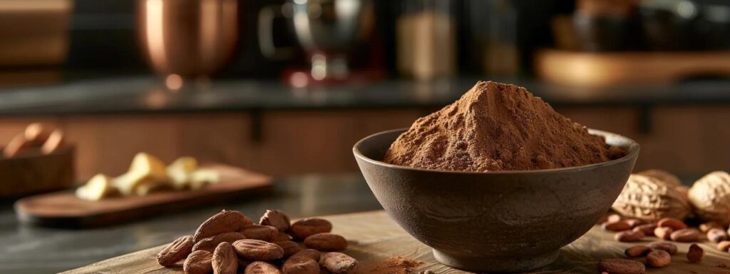 a sleek, contemporary kitchen showcases a rich bowl of pure cacao powder alongside an array of vibrant, healthy ingredients, illuminated by warm, inviting lighting that highlights its versatility in culinary applications.