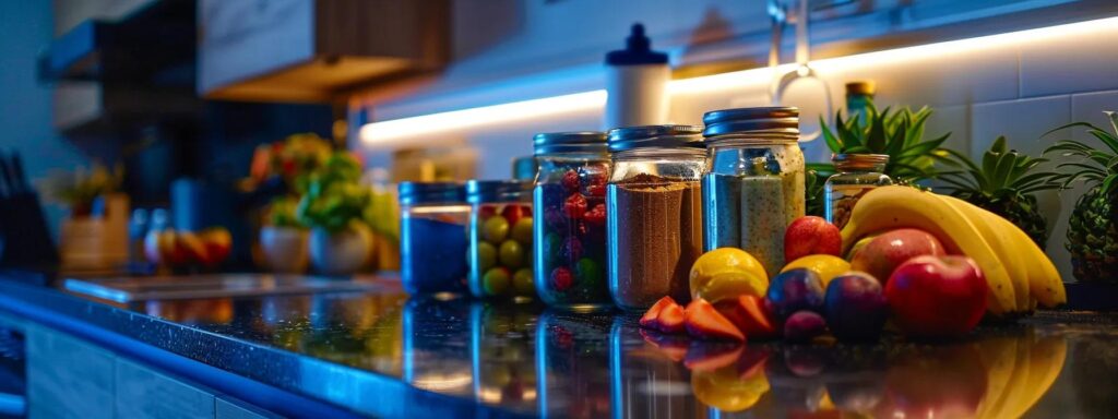 a sleek, modern kitchen adorned with vibrant smoothie jars and a rich cacao powder bag in the foreground, highlighting the enticing blend of colorful fruits and superfoods being prepared for a nutritious daily blend.