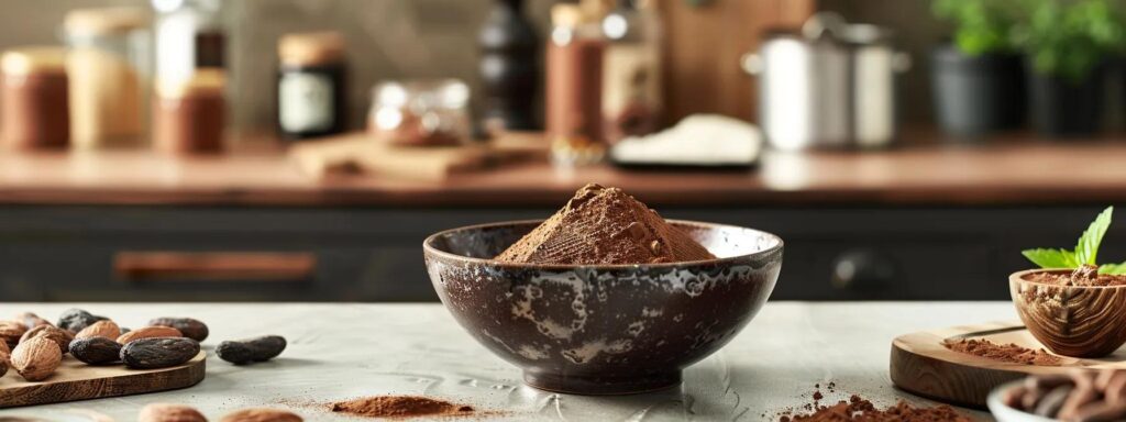 a sleek, modern kitchen countertop is adorned with rich, dark cacao powder in a stylish bowl, surrounded by various health-related ingredients, emphasizing the transformative power of cacao in promoting wellness and vitality through a sophisticated, inviting composition.