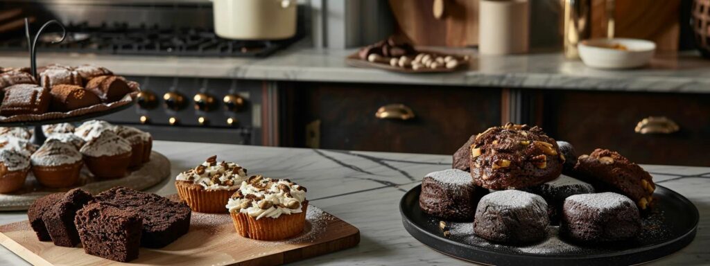 a sleek, modern kitchen setting showcases an artfully arranged array of healthy baked goods, infused with rich, dark cacao powder, highlighting their glossy surfaces and inviting textures under warm, soft lighting.