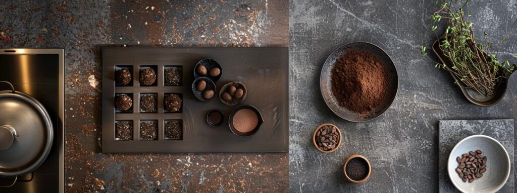 a sleek, modern kitchen showcases an array of gourmet dishes infused with deep, dark cacao powder, elegantly plated and artistically arranged, highlighting its transformative role in both savory and sweet culinary creations.