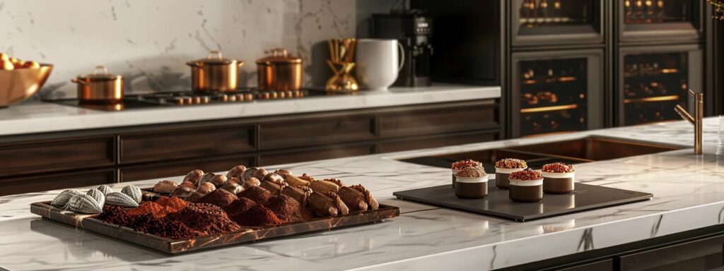 a sleek, modern kitchen showcases a luxurious assortment of colorful, gourmet cacao-infused dishes artfully arranged on a marble countertop, emphasizing the versatile and innovative culinary applications of pure cacao powder.