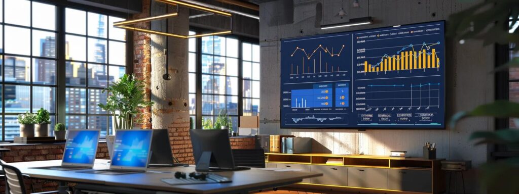a sleek, modern office environment showcases a large digital display with detailed graphs and charts analyzing cocoa powder wholesale pricing trends, accented by elegant cocoa-themed decor and an air of professional focus.