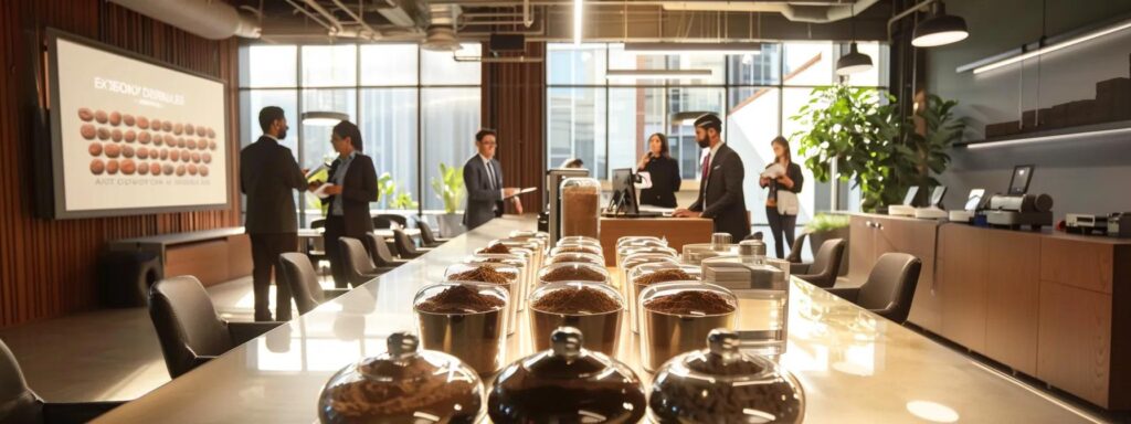 a sleek, modern office set up with a polished conference table featuring an array of cocoa powder samples displayed in elegant glass containers, surrounded by professionals engaged in a focused quality assessment discussion under bright, focused lighting.