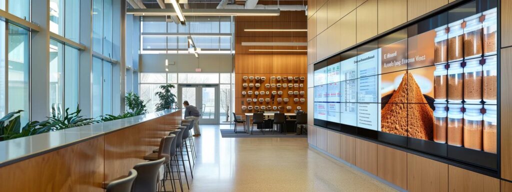 a sleek, modern office space filled with dynamic visuals of cocoa powder packaging and a large digital display highlighting procurement statistics, capturing the essence of strategic sourcing in the competitive food industry.