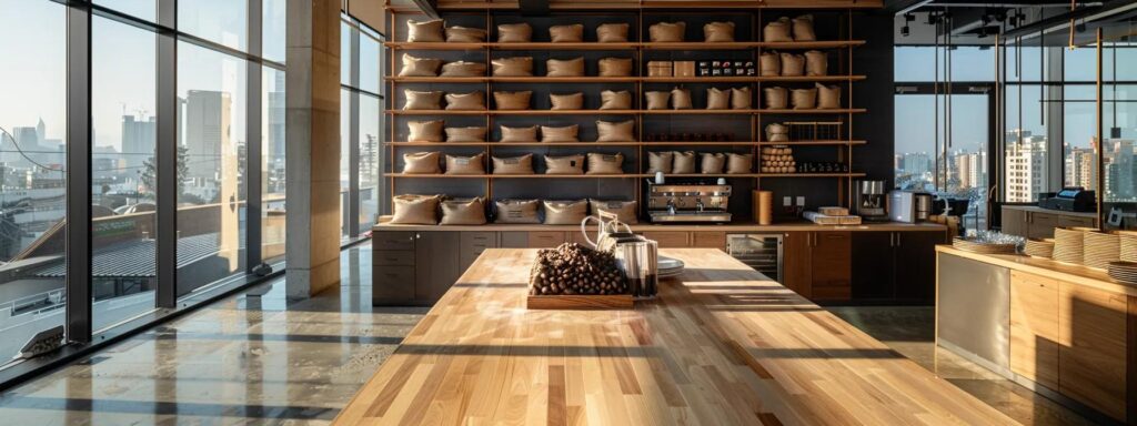 a sleek, modern office workspace showcases large 50 lb. bags of gerkens® black cocoa powder prominently displayed on polished wooden shelves, with a backdrop of professional-grade baking equipment and bustling city views through the floor-to-ceiling windows, emphasizing the theme of efficient wholesale sourcing for food manufacturing.