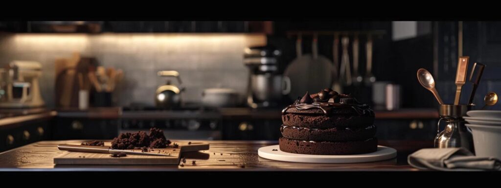 a sophisticated kitchen scene showcases a dramatic, dark chocolate cake layered with rich, velvety ganache, highlighting the luxurious appearance and deep hue imparted by gerkens® midnight black cocoa powder, with sleek utensils and elegant plating enhancing the gourmet presentation.