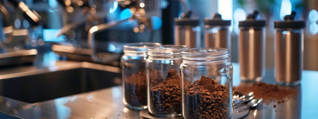 a visually striking lab setting showcases glass jars filled with rich, varied cocoa powders from different origins, highlighting their distinct colors and textures against a sleek, modern backdrop of stainless steel instruments and tasting spoons.