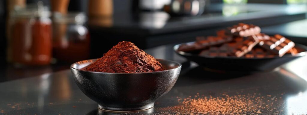 a visually striking scene in a sleek, modern culinary studio featuring an elegant, dark bowl filled with gerkens® midnight black cocoa powder, accentuated by a backdrop of shimmering glass countertops, contrasting the powder’s deep hue with vivid ingredients for gourmet desserts and artisanal chocolates.