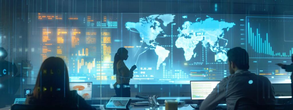 an engaging office setting showcases a diverse team engaged in a dynamic meeting, surrounded by charts and data projections on screens, emphasizing strategic discussions on ethical cocoa powder procurement and market navigation.