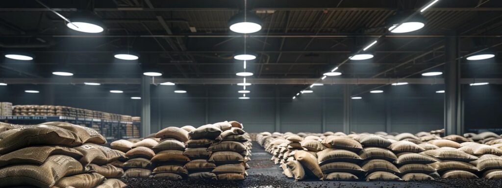 an expansive, modern warehouse filled with neatly stacked burlap sacks of rich, dark cocoa powder, illuminated by bright overhead lights that highlight the texture of the packaging in a bustling wholesale environment.