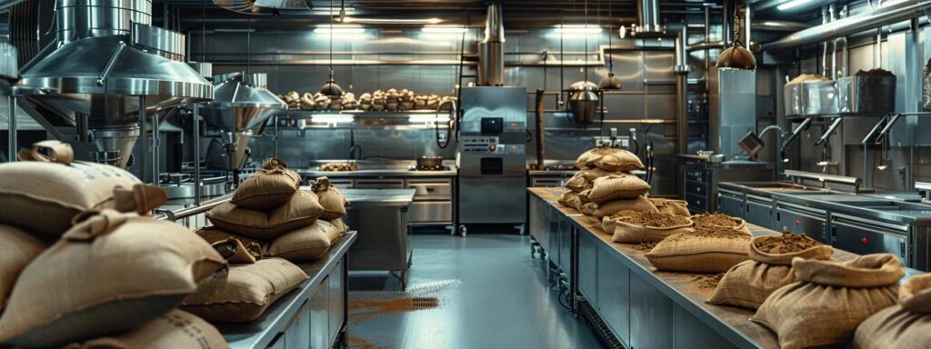 an industrial kitchen bustling with activity, showcasing large sacks of rich, chocolatey cocoa powder prominently displayed amid gleaming stainless steel equipment, emphasizing the seamless integration of bulk ingredients into efficient production processes.
