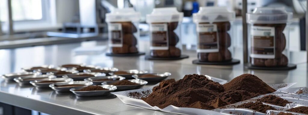 a sleek, modern food science lab showcasing an array of meticulously labeled cocoa powder samples, with a focus on an elegantly displayed 50 lb. bag of gerkens® midnight dutch processed black cocoa against a backdrop of sterile surfaces and high-tech equipment, emphasizing its premium quality and rigorous production standards.
