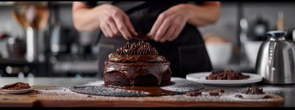 a sleek, modern kitchen workspace is bustling with activity as a skilled pastry chef decorates an elegant dark chocolate cake, showcasing the rich, velvety texture of gerkens® black cocoa powder against a backdrop of polished stainless steel appliances and artfully arranged confectionery products, highlighting the premium quality and visual appeal that drives consumer interest.