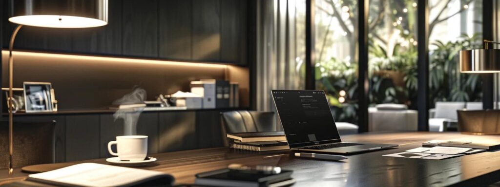 a sleek, modern office workspace features a polished conference table with a laptop open to a wholesale order form for gerkens® midnight black cocoa powder, accompanied by a professional-looking notepad and a steaming cup of coffee, all under the warm glow of overhead lights that highlight the organized and efficient atmosphere.